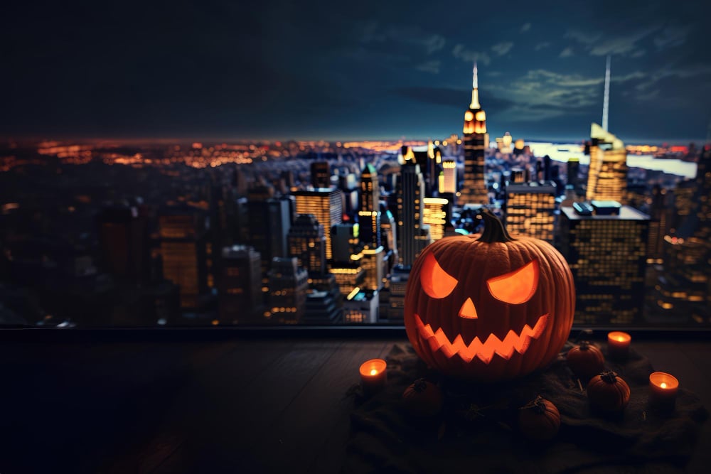Carved pumpkin sat in front of view of New York City skyline