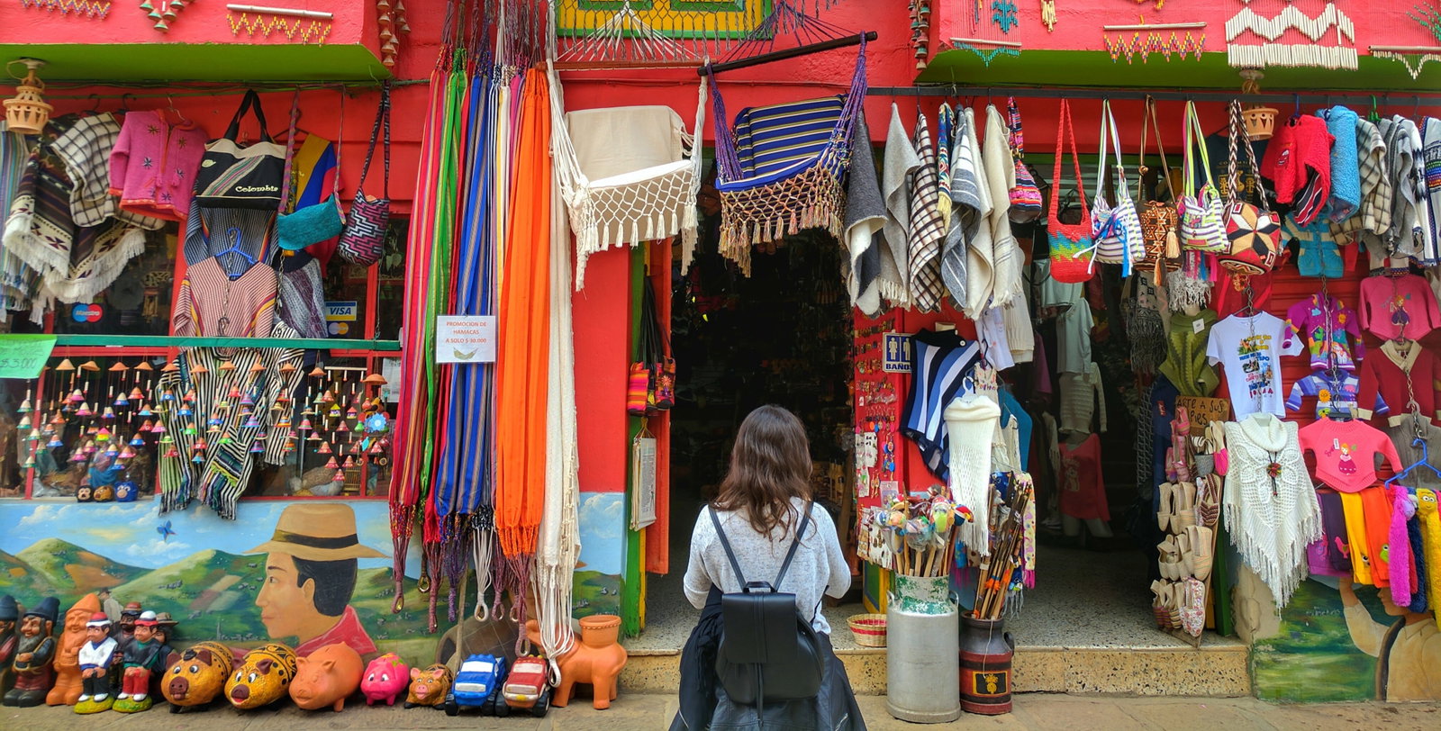 Traveller shopping in markets at Raquira, Colombia