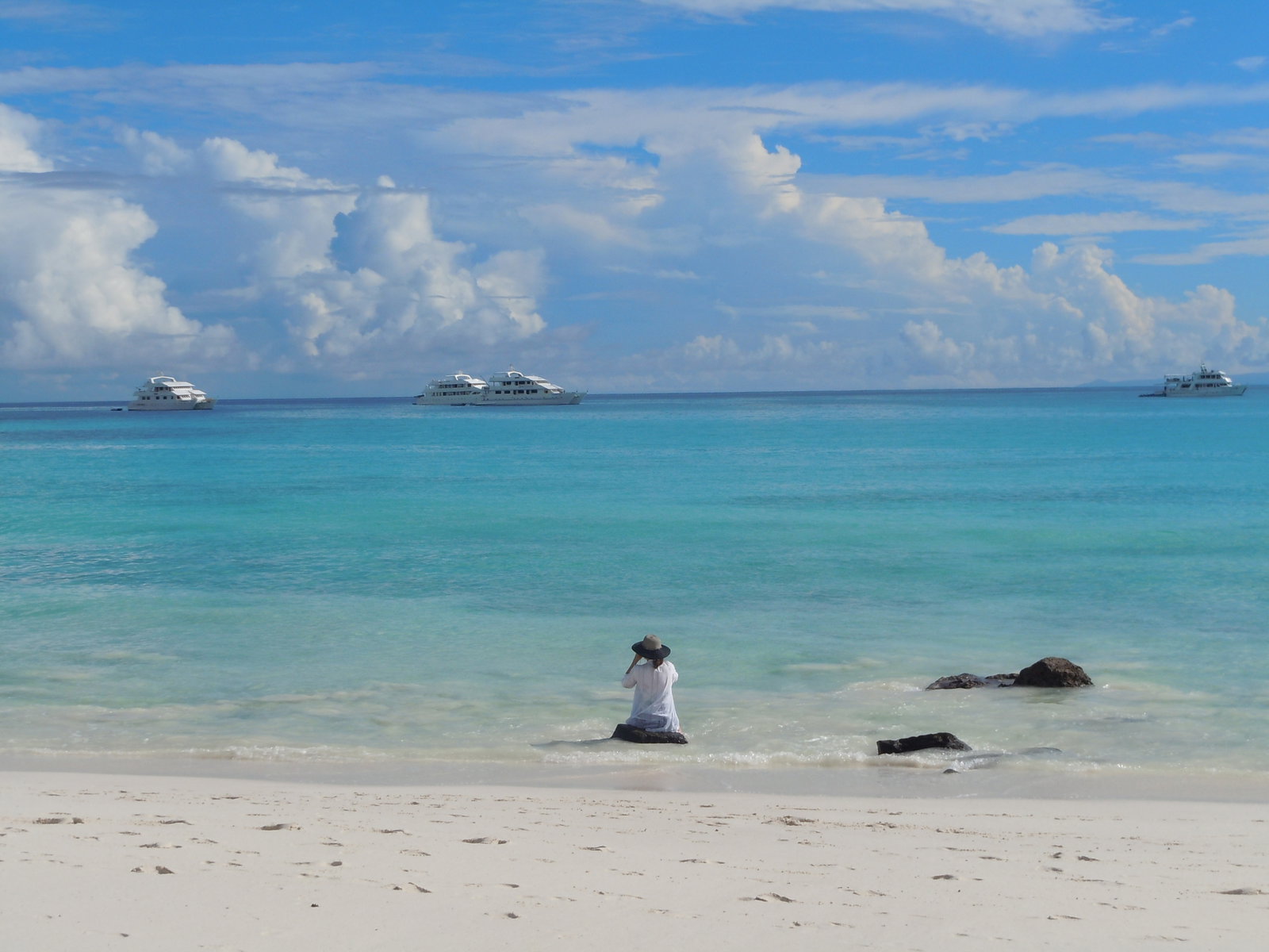 A traveller sits on a rock on a beach looking out at passing boats