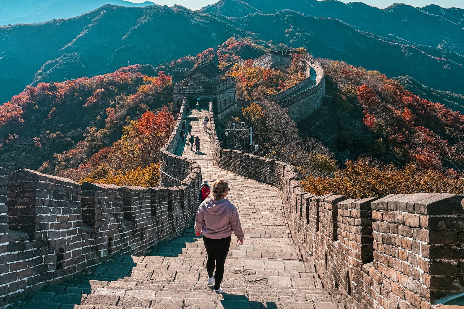 Traveller walking along the Great Wall of China