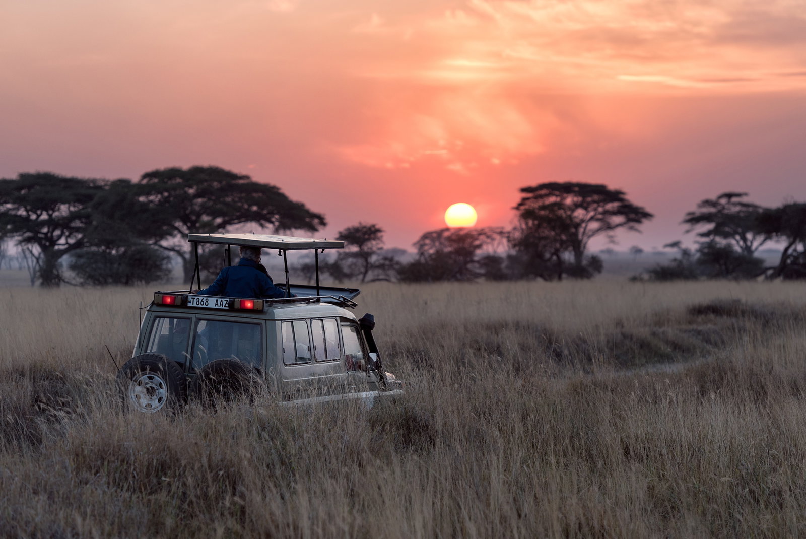 4x4 at sunrise in Serengeti, Tanzania 