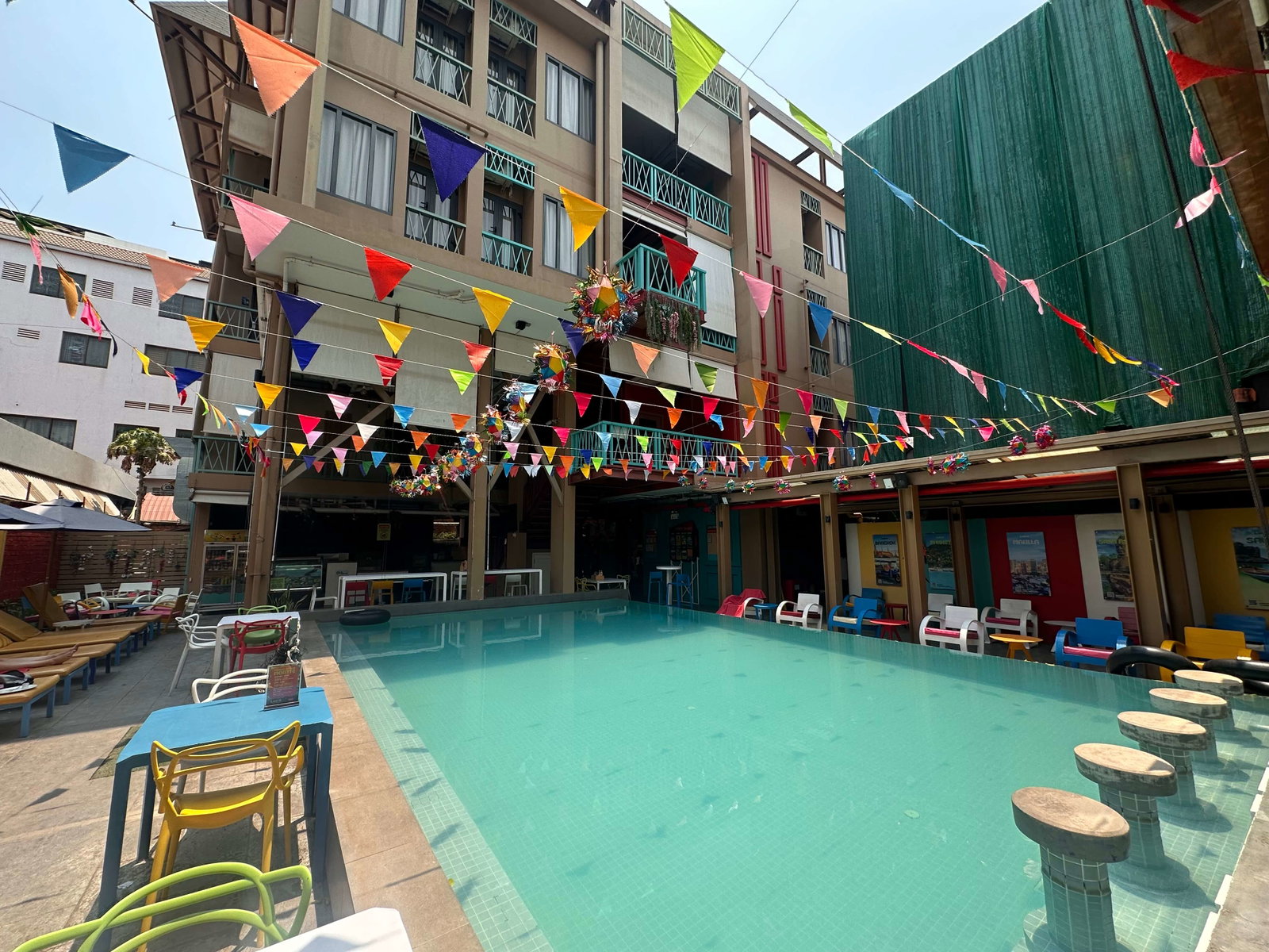 Accommodation on group tour in Siem Reap Cambodia. Pool and bar