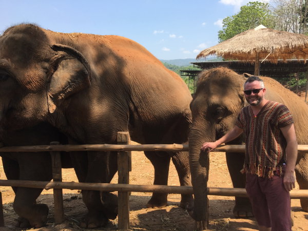 Man in front of elephant in Thailand