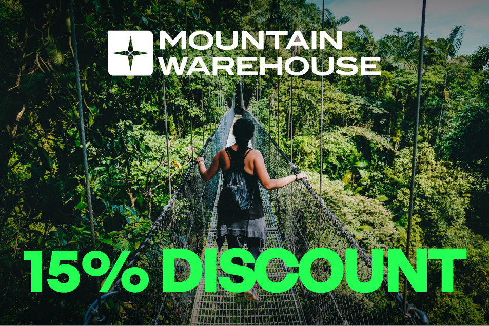 Mountain Warehouse 15% discount Adventure360. Group traveller on bridge in Costa Rica