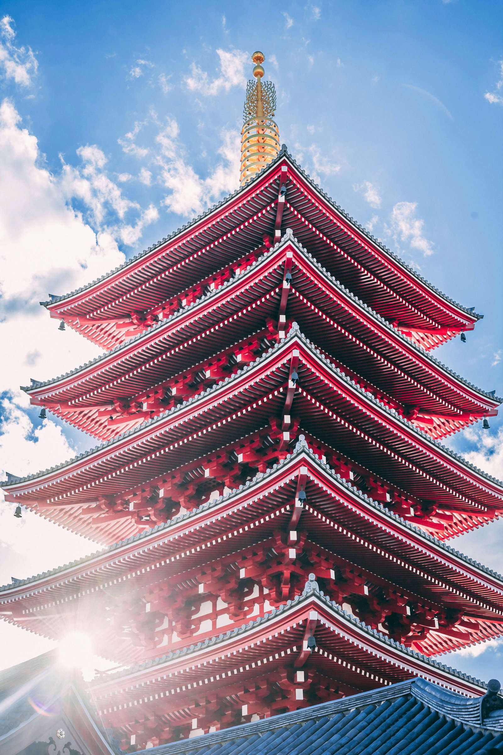 Japanese red pagoda with blue sky and golden top