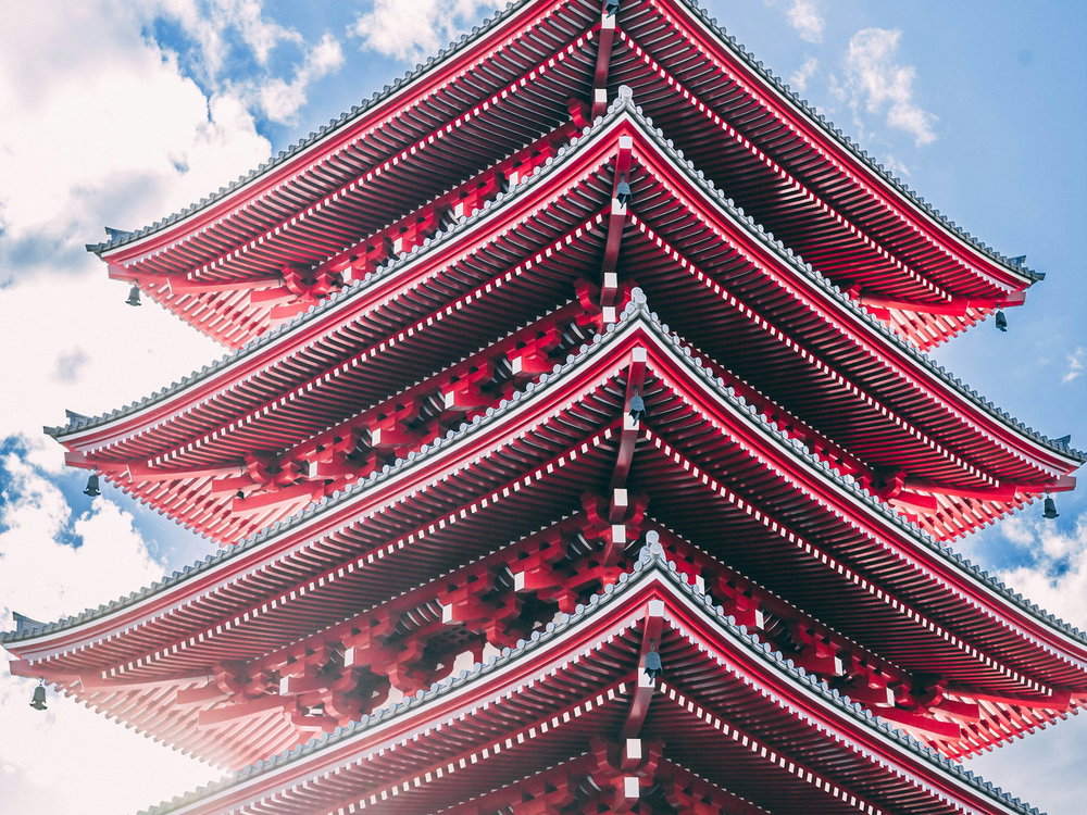 Japanese red pagoda with blue sky and golden top