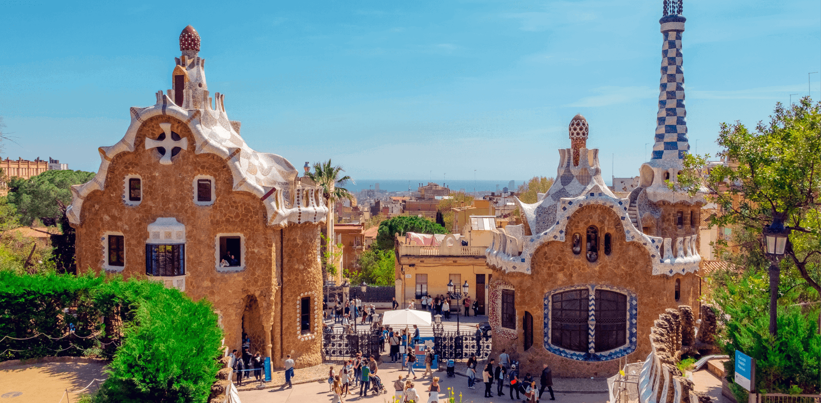 Park Guell Barcelona. Yellow houses in park